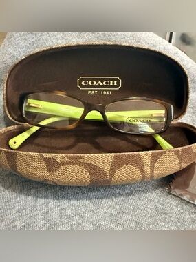 COACH Brown Tortoise Frame Eyeglasses with Lime Green arms. Emily style